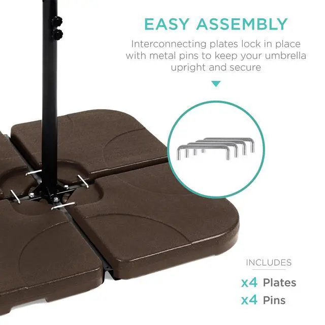 Alt view image 4 of 6 - 4-Piece 155lb Capacity Heavy-Duty Cantilever Offset Patio Umbrella Stand Square Base Plate Set w/ Easy-Fill Spouts for Water or Sand - Brown