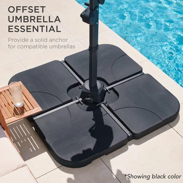 Alt view image 5 of 6 - 4-Piece 155lb Capacity Heavy-Duty Cantilever Offset Patio Umbrella Stand Square Base Plate Set w/ Easy-Fill Spouts for Water or Sand - Brown