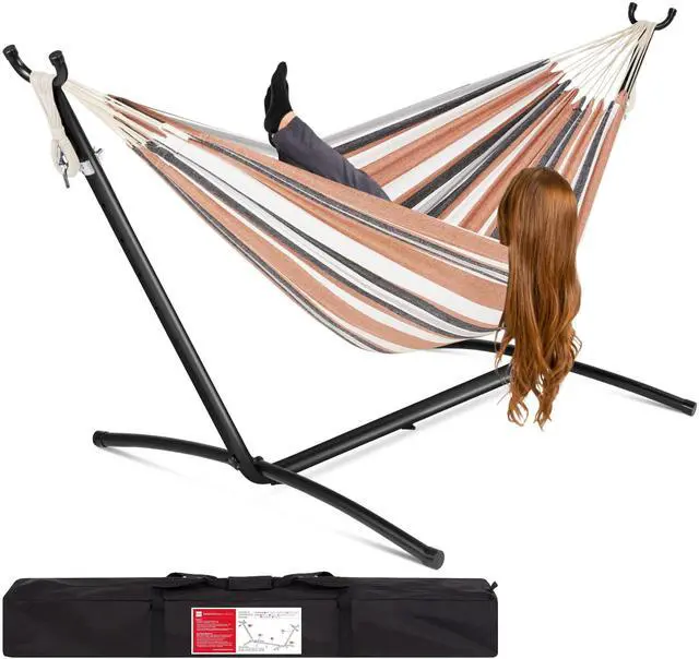 Main image of Double Hammock with Steel Stand, Indoor Outdoor Brazilian-Style Cotton Bed w/Carrying Bag, 2-Person Capacity - Desert Stripes