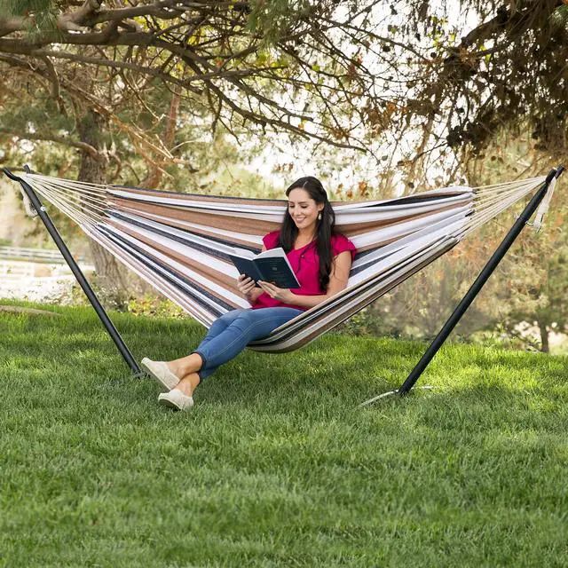 Alt view image 2 of 6 - Double Hammock with Steel Stand, Indoor Outdoor Brazilian-Style Cotton Bed w/Carrying Bag, 2-Person Capacity - Desert Stripes