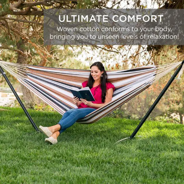Alt view image 4 of 6 - Double Hammock with Steel Stand, Indoor Outdoor Brazilian-Style Cotton Bed w/Carrying Bag, 2-Person Capacity - Desert Stripes
