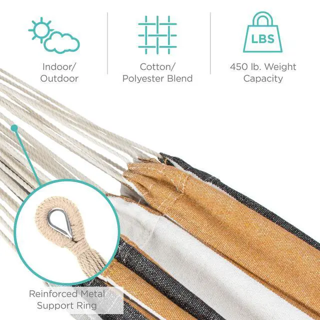 Alt view image 6 of 6 - Double Hammock with Steel Stand, Indoor Outdoor Brazilian-Style Cotton Bed w/Carrying Bag, 2-Person Capacity - Desert Stripes