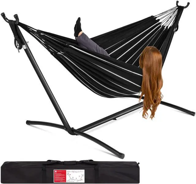 Main image of Double Hammock with Steel Stand, Indoor Outdoor Brazilian-Style Cotton Bed w/Carrying Bag, 2-Person Capacity - Onyx