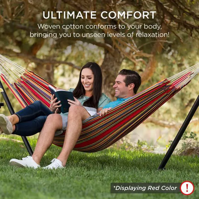 Alt view image 3 of 6 - Double Hammock with Steel Stand, Indoor Outdoor Brazilian-Style Cotton Bed w/Carrying Bag, 2-Person Capacity - Onyx