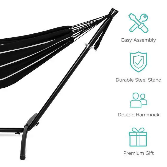 Alt view image 4 of 6 - Double Hammock with Steel Stand, Indoor Outdoor Brazilian-Style Cotton Bed w/Carrying Bag, 2-Person Capacity - Onyx