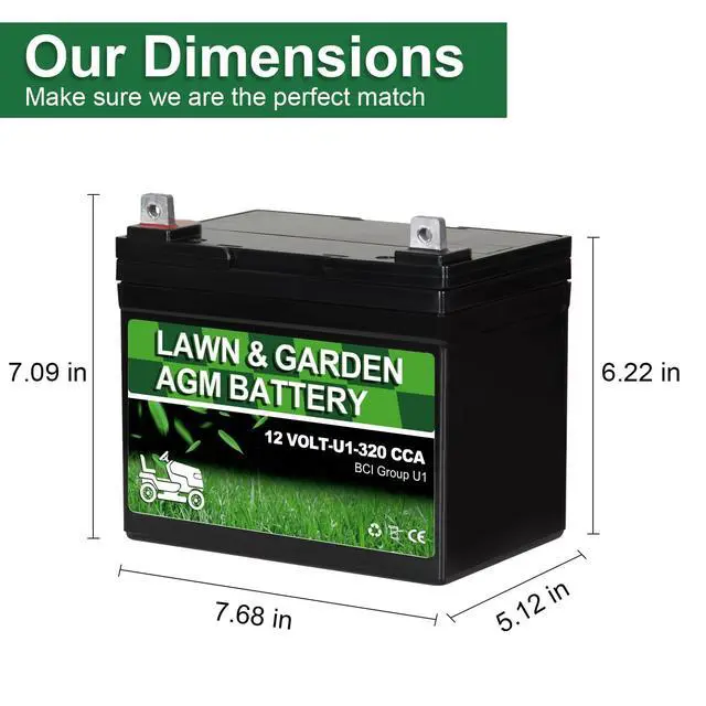 Alt view image 2 of 6 - Lawn Garden AGM Battery, 12V 320CCA BCI Group U1 SLA Starting Battery for Lawn, Tractors and Mowers, Compatible with John Deere, Toro, Cub Cadet, and Craftsman