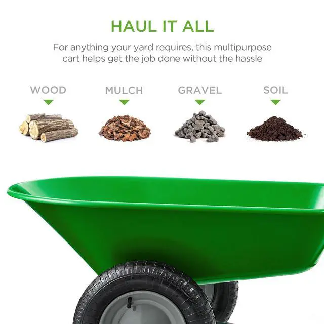Alt view image 2 of 6 - Dual-Wheel Home Utility Yard Wheelbarrow Garden Cart w/Built-in Stand for Lawn, Gardening, Construction - Bright Green