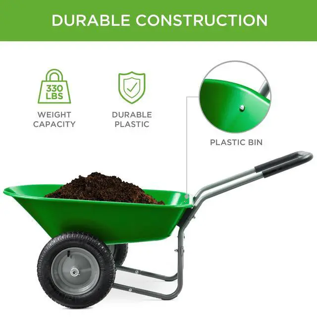Alt view image 3 of 6 - Dual-Wheel Home Utility Yard Wheelbarrow Garden Cart w/Built-in Stand for Lawn, Gardening, Construction - Bright Green