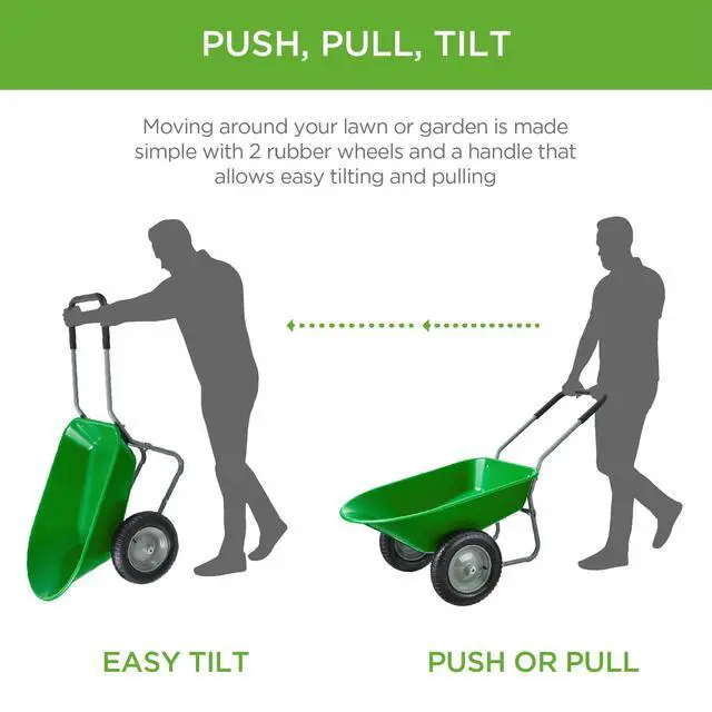 Alt view image 4 of 6 - Dual-Wheel Home Utility Yard Wheelbarrow Garden Cart w/Built-in Stand for Lawn, Gardening, Construction - Bright Green