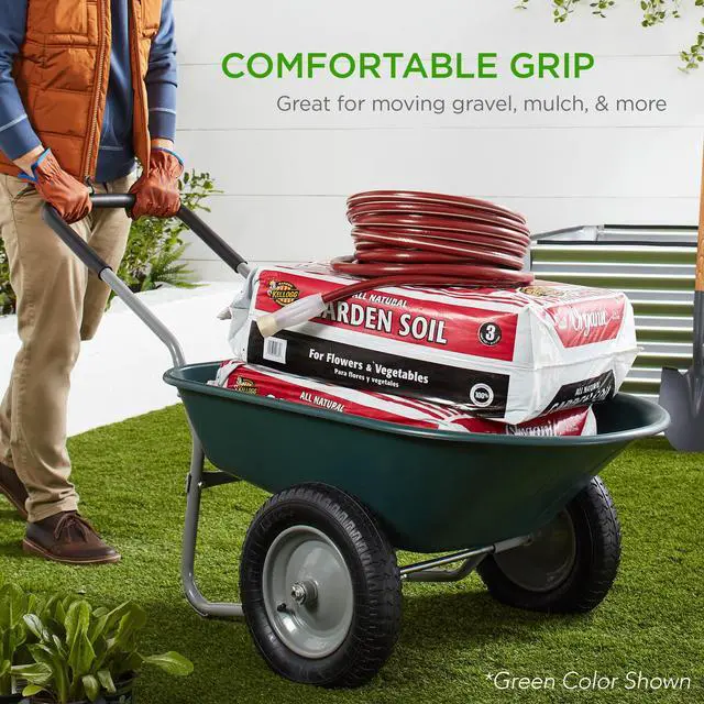 Alt view image 6 of 6 - Dual-Wheel Home Utility Yard Wheelbarrow Garden Cart w/Built-in Stand for Lawn, Gardening, Construction - Bright Green