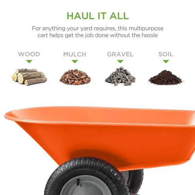 Alt view image 2 of 6 - Dual-Wheel Home Utility Yard Wheelbarrow Garden Cart w/Built-in Stand for Lawn, Gardening, Construction - Orange