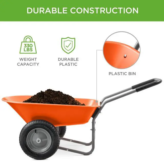 Alt view image 3 of 6 - Dual-Wheel Home Utility Yard Wheelbarrow Garden Cart w/Built-in Stand for Lawn, Gardening, Construction - Orange