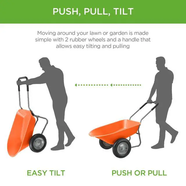 Alt view image 4 of 6 - Dual-Wheel Home Utility Yard Wheelbarrow Garden Cart w/Built-in Stand for Lawn, Gardening, Construction - Orange