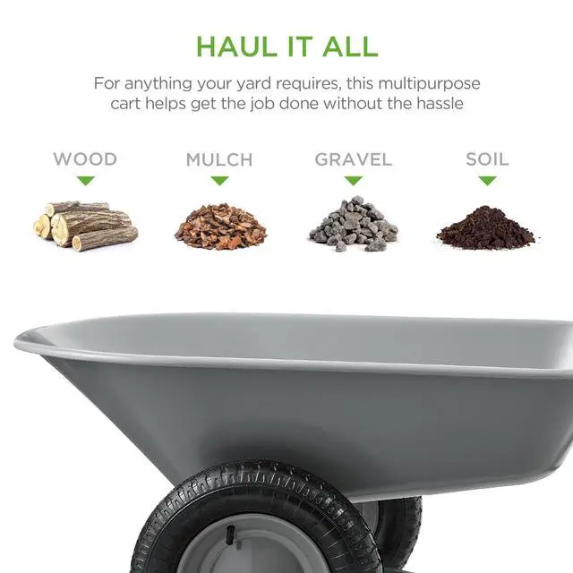 Alt view image 2 of 6 - Dual-Wheel Home Utility Yard Wheelbarrow Garden Cart w/Built-in Stand for Lawn, Gardening, Construction - Gray