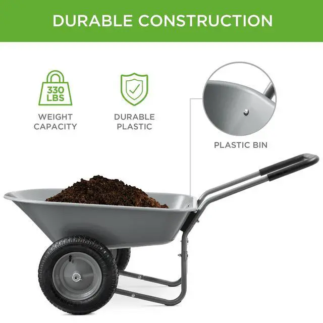 Alt view image 3 of 6 - Dual-Wheel Home Utility Yard Wheelbarrow Garden Cart w/Built-in Stand for Lawn, Gardening, Construction - Gray