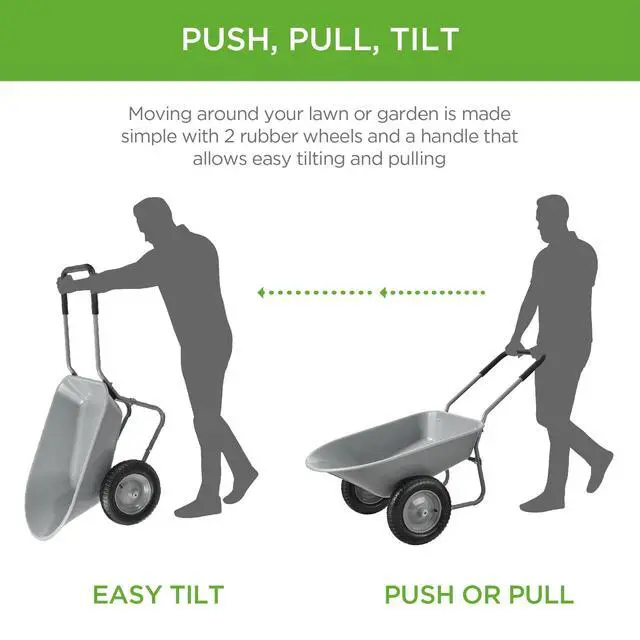 Alt view image 4 of 6 - Dual-Wheel Home Utility Yard Wheelbarrow Garden Cart w/Built-in Stand for Lawn, Gardening, Construction - Gray