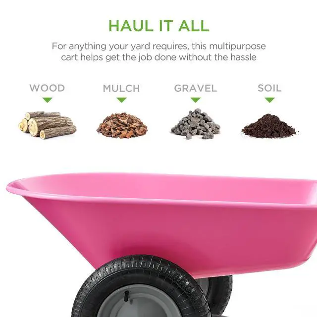 Alt view image 2 of 6 - Dual-Wheel Home Utility Yard Wheelbarrow Garden Cart w/Built-in Stand for Lawn, Gardening, Construction - Pink