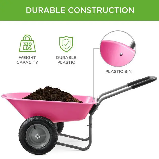 Alt view image 3 of 6 - Dual-Wheel Home Utility Yard Wheelbarrow Garden Cart w/Built-in Stand for Lawn, Gardening, Construction - Pink