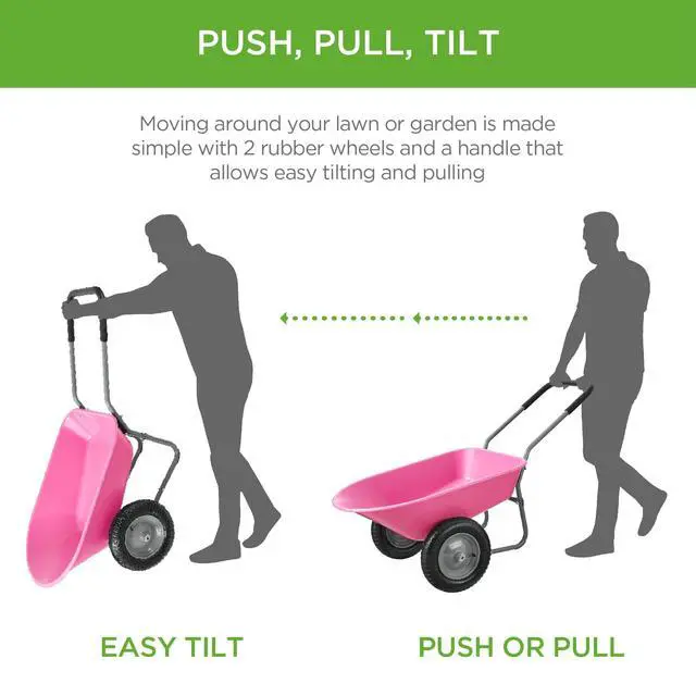 Alt view image 4 of 6 - Dual-Wheel Home Utility Yard Wheelbarrow Garden Cart w/Built-in Stand for Lawn, Gardening, Construction - Pink