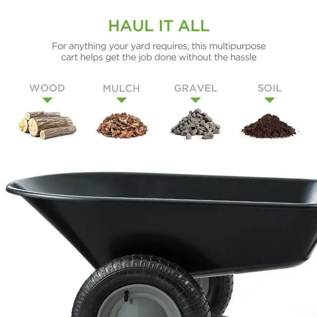 Alt view image 2 of 6 - Dual-Wheel Home Utility Yard Wheelbarrow Garden Cart w/Built-in Stand for Lawn, Gardening, Construction - Black