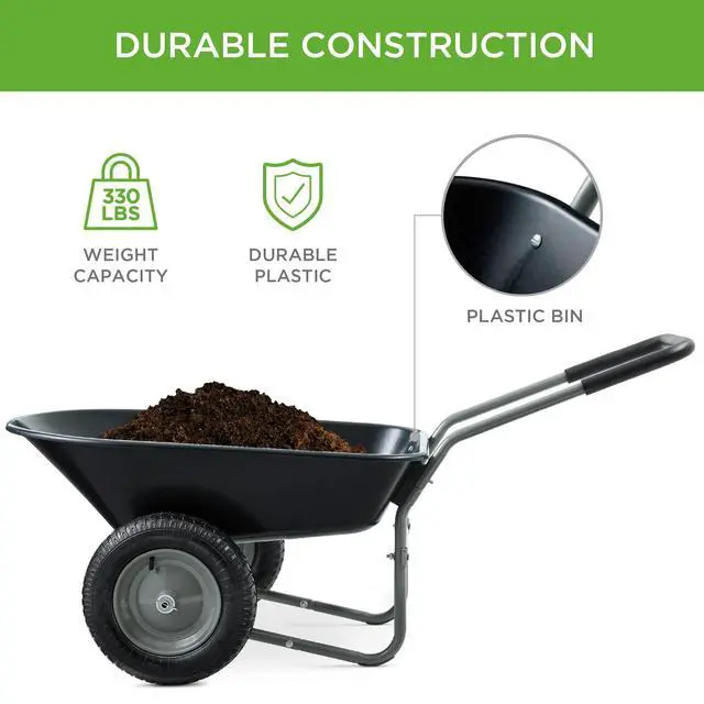Alt view image 3 of 6 - Dual-Wheel Home Utility Yard Wheelbarrow Garden Cart w/Built-in Stand for Lawn, Gardening, Construction - Black