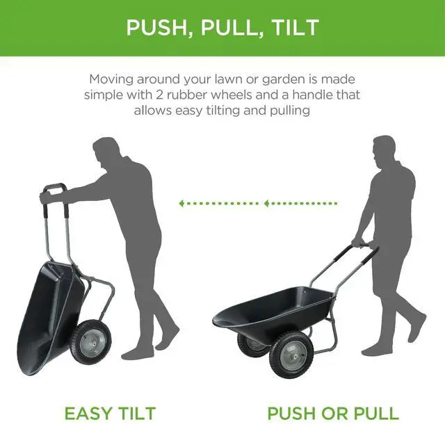 Alt view image 4 of 6 - Dual-Wheel Home Utility Yard Wheelbarrow Garden Cart w/Built-in Stand for Lawn, Gardening, Construction - Black
