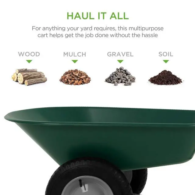 Alt view image 2 of 6 - Dual-Wheel Home Utility Yard Wheelbarrow Garden Cart w/Built-in Stand for Lawn, Gardening, Construction - Green