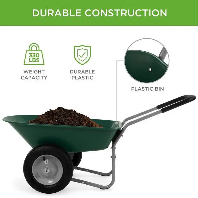 Alt view image 3 of 6 - Dual-Wheel Home Utility Yard Wheelbarrow Garden Cart w/Built-in Stand for Lawn, Gardening, Construction - Green