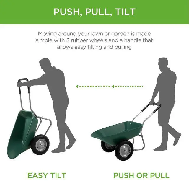 Alt view image 4 of 6 - Dual-Wheel Home Utility Yard Wheelbarrow Garden Cart w/Built-in Stand for Lawn, Gardening, Construction - Green