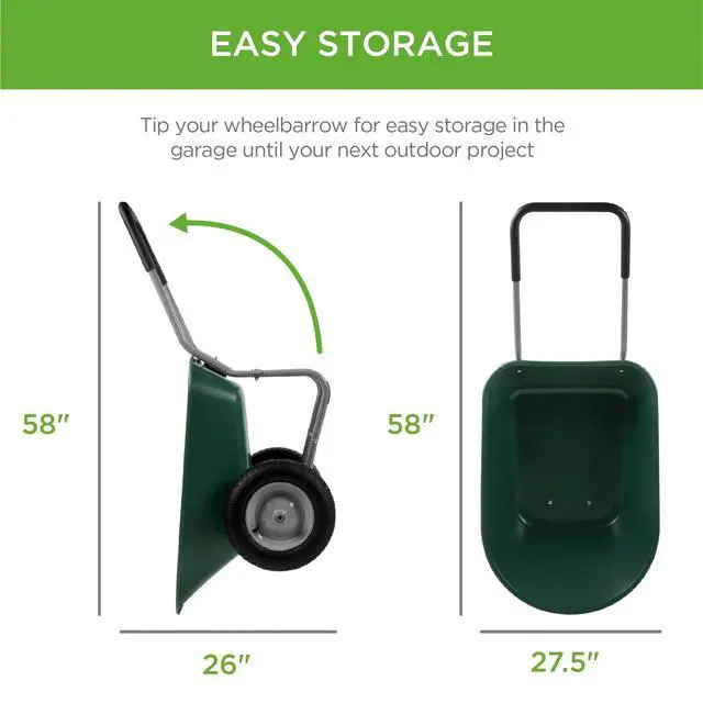 Alt view image 5 of 6 - Dual-Wheel Home Utility Yard Wheelbarrow Garden Cart w/Built-in Stand for Lawn, Gardening, Construction - Green