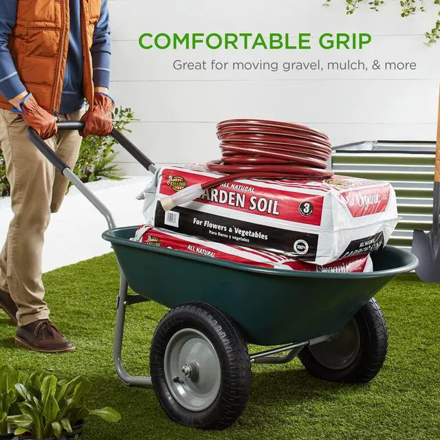 Alt view image 6 of 6 - Dual-Wheel Home Utility Yard Wheelbarrow Garden Cart w/Built-in Stand for Lawn, Gardening, Construction - Green
