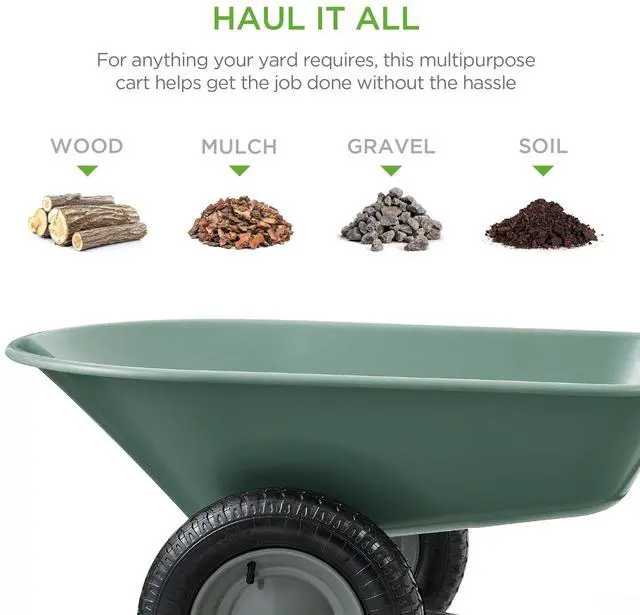 Alt view image 2 of 6 - Dual-Wheel Home Utility Yard Wheelbarrow Garden Cart w/Built-in Stand for Lawn, Gardening, Construction - Seafoam
