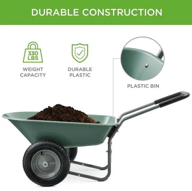 Alt view image 3 of 6 - Dual-Wheel Home Utility Yard Wheelbarrow Garden Cart w/Built-in Stand for Lawn, Gardening, Construction - Seafoam