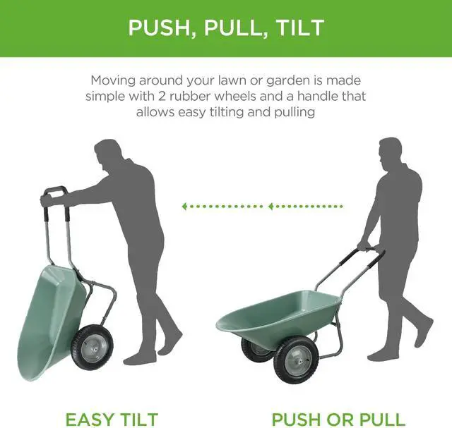 Alt view image 4 of 6 - Dual-Wheel Home Utility Yard Wheelbarrow Garden Cart w/Built-in Stand for Lawn, Gardening, Construction - Seafoam