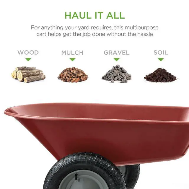 Alt view image 2 of 6 - Dual-Wheel Home Utility Yard Wheelbarrow Garden Cart w/Built-in Stand for Lawn, Gardening, Construction - Red