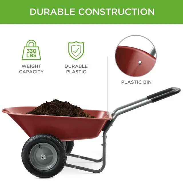 Alt view image 3 of 6 - Dual-Wheel Home Utility Yard Wheelbarrow Garden Cart w/Built-in Stand for Lawn, Gardening, Construction - Red