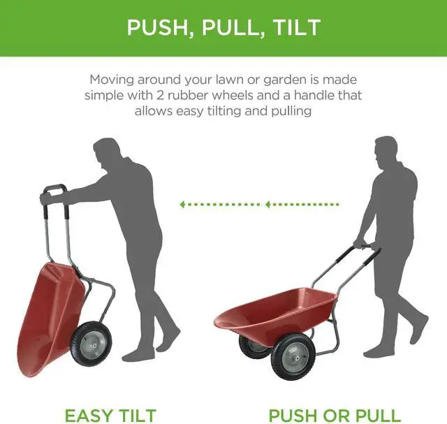 Alt view image 4 of 6 - Dual-Wheel Home Utility Yard Wheelbarrow Garden Cart w/Built-in Stand for Lawn, Gardening, Construction - Red