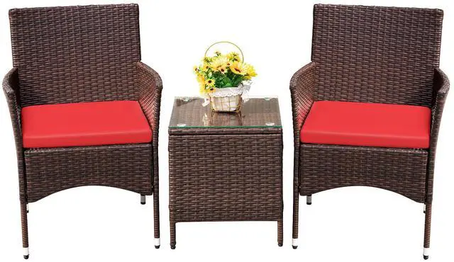 Main image of Patio Porch Furniture Sets 3 Pieces PE Rattan Wicker Chairs with Table Outdoor Garden Furniture Sets (Brown/Red)