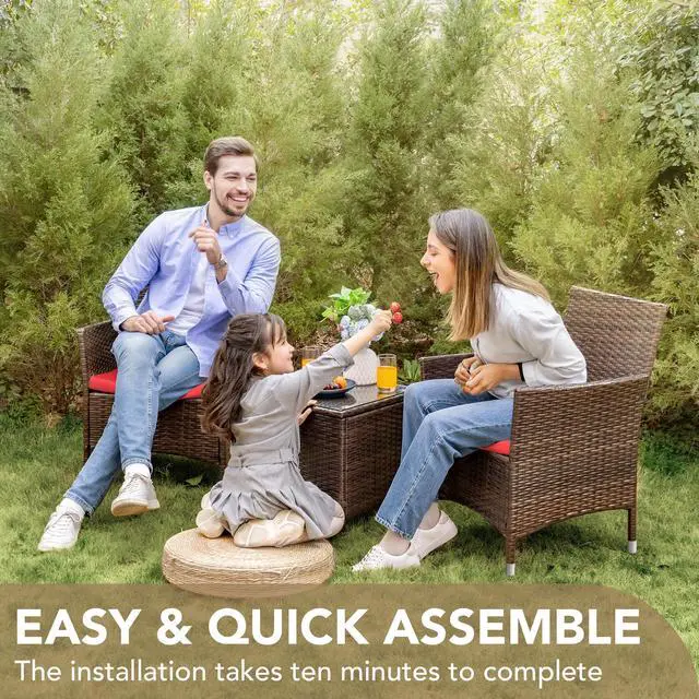 Alt view image 4 of 6 - Patio Porch Furniture Sets 3 Pieces PE Rattan Wicker Chairs with Table Outdoor Garden Furniture Sets (Brown/Red)