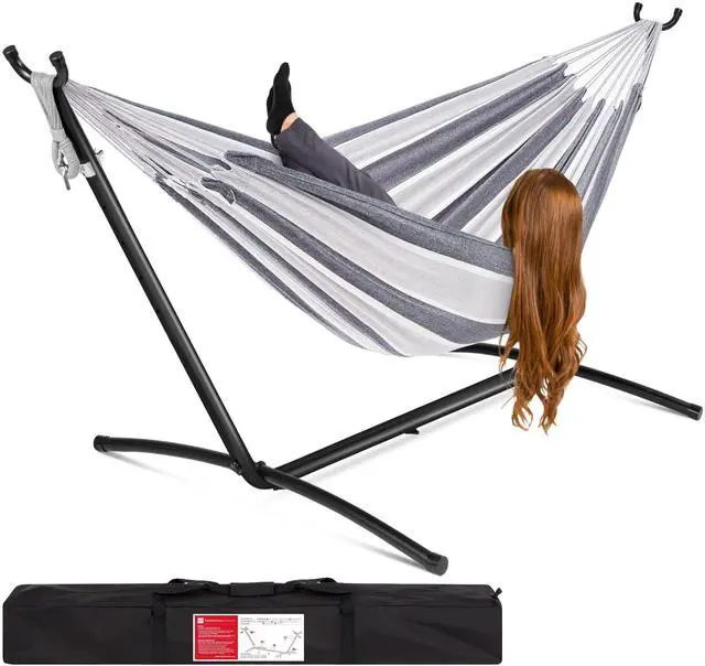 Main image of Double Hammock with Steel Stand, Indoor Outdoor Brazilian-Style Cotton Bed w/Carrying Bag, 2-Person Capacity - Steel
