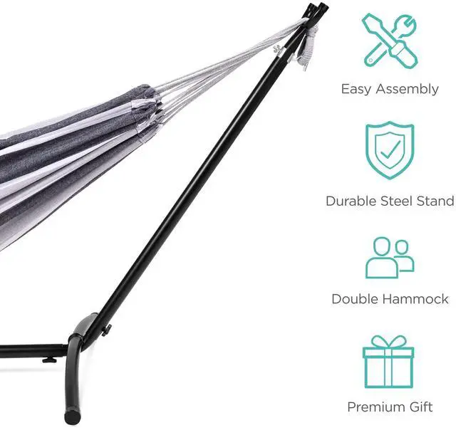 Alt view image 4 of 6 - Double Hammock with Steel Stand, Indoor Outdoor Brazilian-Style Cotton Bed w/Carrying Bag, 2-Person Capacity - Steel