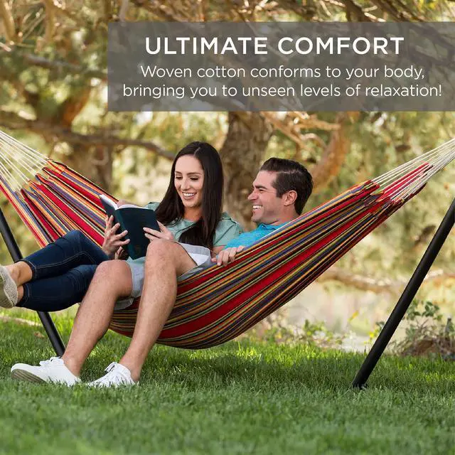 Alt view image 3 of 6 - Double Hammock with Steel Stand, Indoor Outdoor Brazilian-Style Cotton Bed w/Carrying Bag, 2-Person Capacity - Blue/Green Stripes