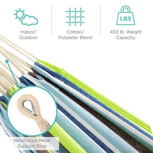 Alt view image 5 of 6 - Double Hammock with Steel Stand, Indoor Outdoor Brazilian-Style Cotton Bed w/Carrying Bag, 2-Person Capacity - Blue/Green Stripes