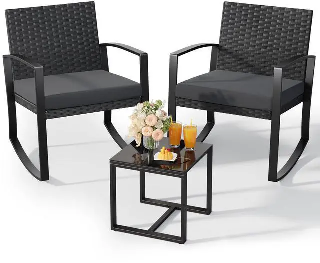 Main image of 3 Pieces Patio Furniture Set Rocking Bistro Set, Outdoor Patio Furniture Set with Coffee Table for Garden Balcony Backyard Poolside (Black Cushion)