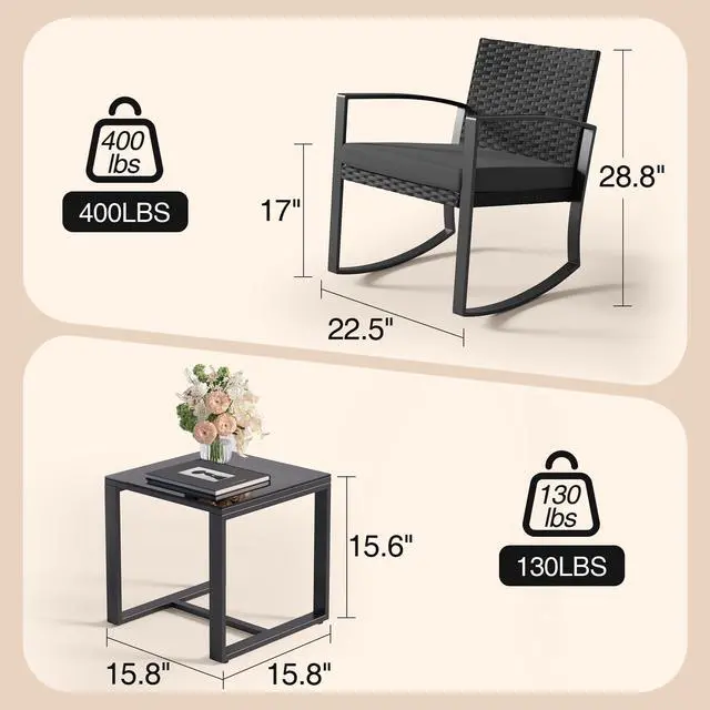 Alt view image 2 of 6 - 3 Pieces Patio Furniture Set Rocking Bistro Set, Outdoor Patio Furniture Set with Coffee Table for Garden Balcony Backyard Poolside (Black Cushion)