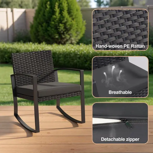 Alt view image 4 of 6 - 3 Pieces Patio Furniture Set Rocking Bistro Set, Outdoor Patio Furniture Set with Coffee Table for Garden Balcony Backyard Poolside (Black Cushion)
