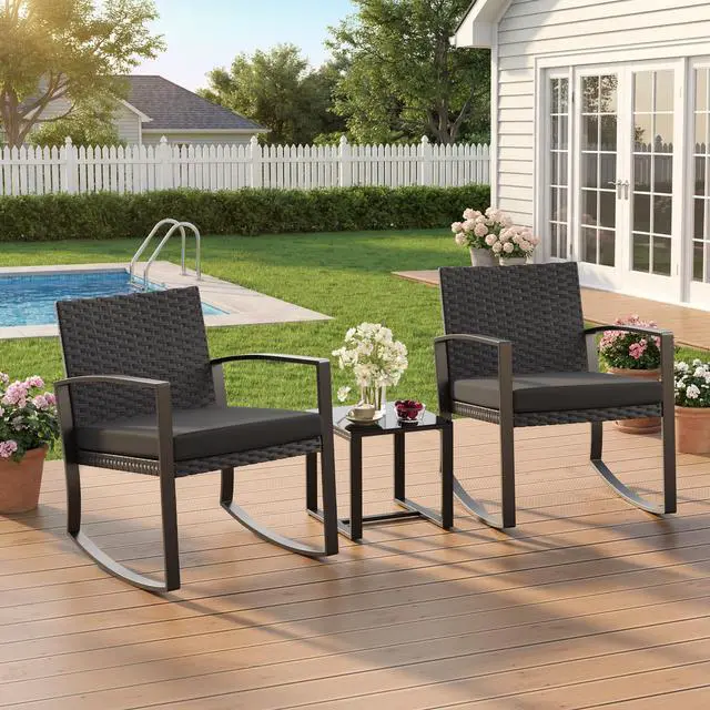 Alt view image 6 of 6 - 3 Pieces Patio Furniture Set Rocking Bistro Set, Outdoor Patio Furniture Set with Coffee Table for Garden Balcony Backyard Poolside (Black Cushion)