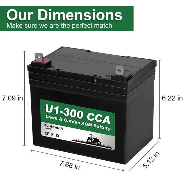 Alt view image 2 of 6 - Lawn Garden AGM Battery, 12V 300CCA BCI Group U1 SLA Starting Battery for Lawn, Tractors and Mowers, Compatible with John Deere, Toro, Cub Cadet, and Craftsman