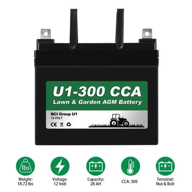 Alt view image 3 of 6 - Lawn Garden AGM Battery, 12V 300CCA BCI Group U1 SLA Starting Battery for Lawn, Tractors and Mowers, Compatible with John Deere, Toro, Cub Cadet, and Craftsman
