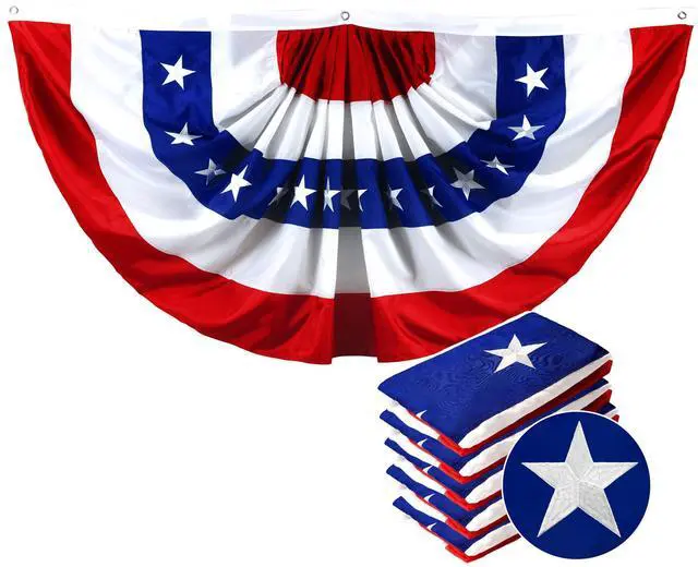 Main image of 5 Pack: USA Pleated Fan Flag 1.5x3 Feet American USA Bunting Decoration Flags EMBROIDERED Patriotic Stars & Sewn Stripes Canvas Header and Brass Grommets